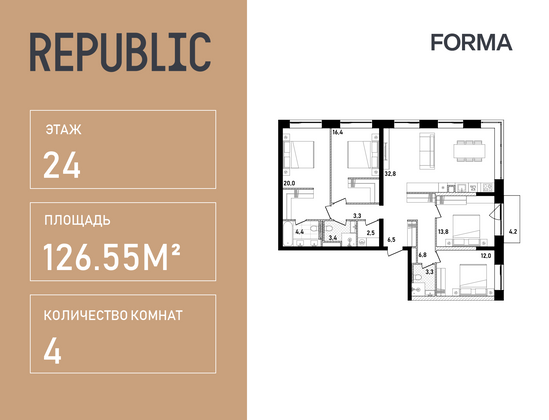 126,6 м², 4-комн. квартира, 24/26 этаж