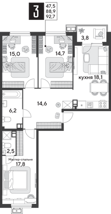 Продажа 3-комнатной квартиры 92,7 м², 3/9 этаж