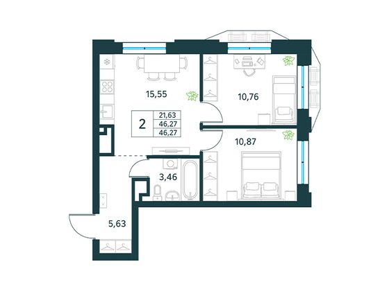 46,3 м², 2-комн. квартира, 27/30 этаж