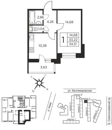 33,2 м², 1-комн. квартира, 6/12 этаж