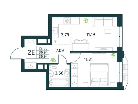 36,9 м², 2-комн. квартира, 3/30 этаж