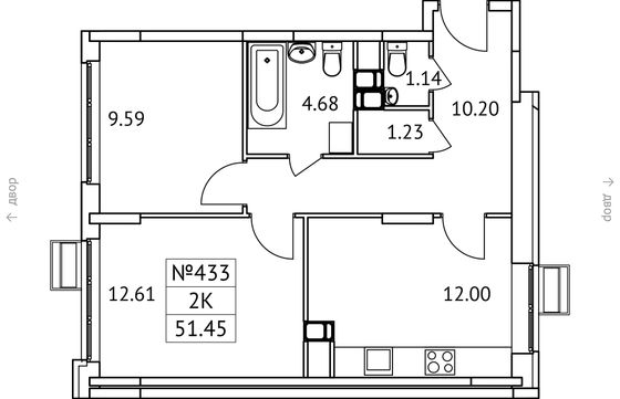 51,5 м², 2-комн. квартира, 6/17 этаж