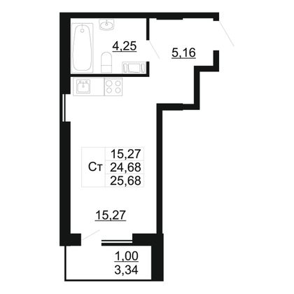 25,7 м², студия, 3/11 этаж