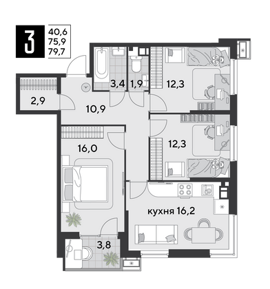 Продажа 3-комнатной квартиры 79,7 м², 3/18 этаж