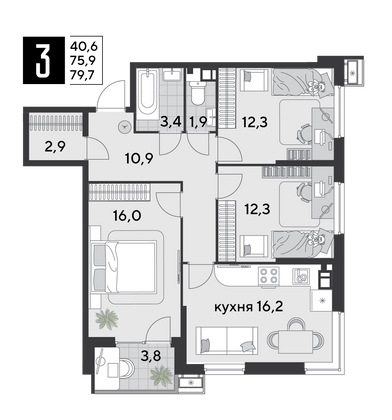 Продажа 3-комнатной квартиры 79,7 м², 8/18 этаж