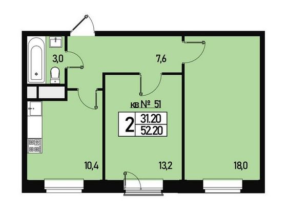 52 м², 2-комн. квартира, 3/3 этаж