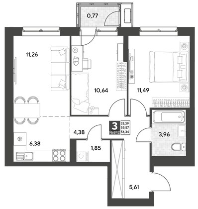 Продажа 3-комнатной квартиры 56,3 м², 21/25 этаж