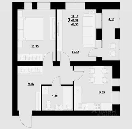 Продажа 2-комнатной квартиры 48,6 м², 2/4 этаж