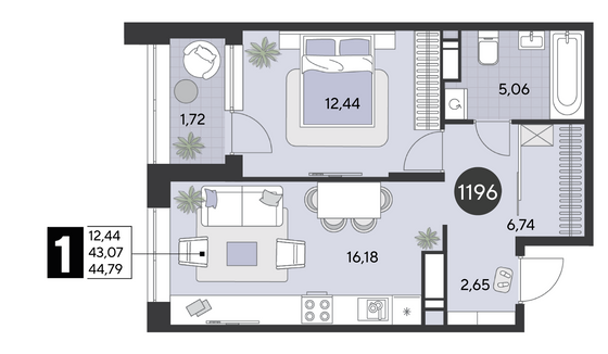 Продажа 1-комнатной квартиры 44,8 м², 13/21 этаж