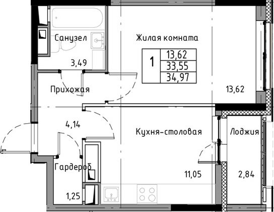 Продажа 1-комнатной квартиры 35 м², 9/13 этаж