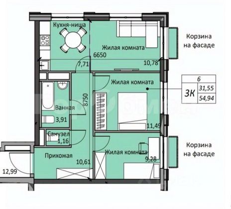 Продажа 3-комнатной квартиры 54,8 м², 10/31 этаж