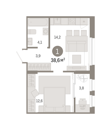 38,6 м², 1-комн. квартира, 8/9 этаж