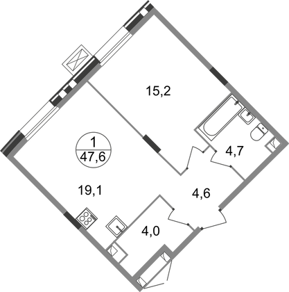 47,6 м², 1-комн. квартира, 1/9 этаж