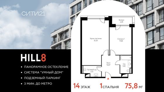 75,8 м², 2-комн. квартира, 14/15 этаж