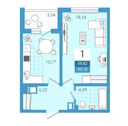 Продажа 1-комнатной квартиры 43 м², 10/19 этаж