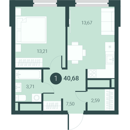 40,7 м², 1-комн. квартира, 14/14 этаж