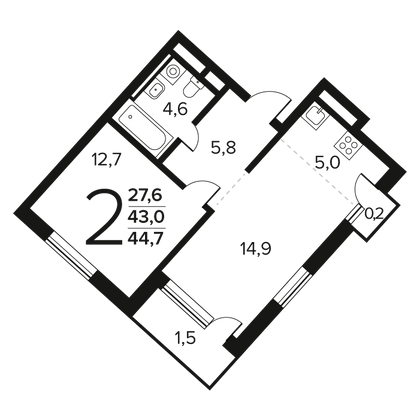 Продажа 2-комнатной квартиры 44,7 м², 3/12 этаж