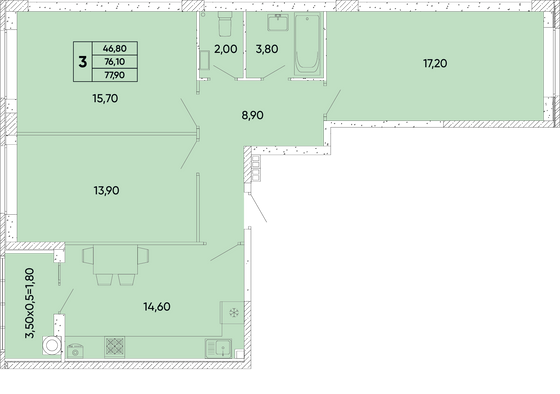 77,9 м², 3-комн. квартира, 2/6 этаж