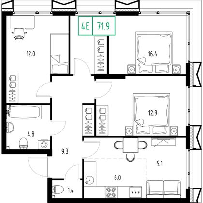 Продажа 4-комнатной квартиры 71,9 м², 6/9 этаж