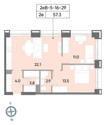 Продажа 2-комнатной квартиры 57,3 м², 28/52 этаж