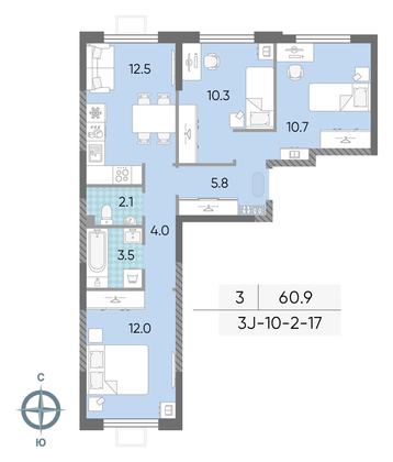 Продажа 3-комнатной квартиры 60,9 м², 9/24 этаж