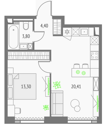 41,9 м², 1-комн. квартира, 18/57 этаж