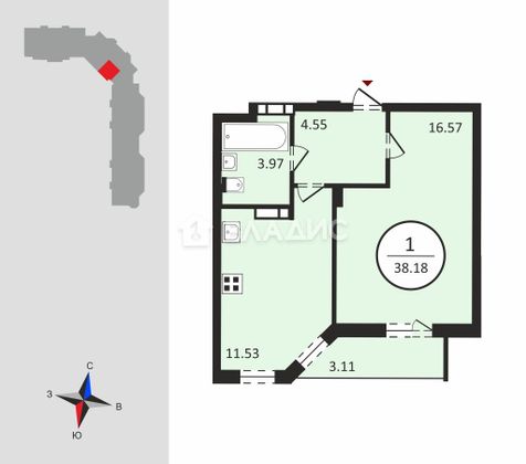 Продажа 1-комнатной квартиры 38,2 м², 9/12 этаж