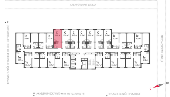 21 м², студия, 24/25 этаж