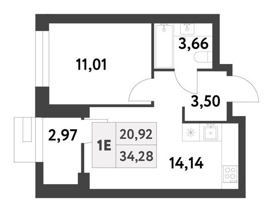 Продажа 1-комнатной квартиры 34,3 м², 3/16 этаж