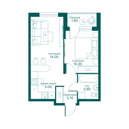 38,2 м², 1-комн. квартира, 5/6 этаж