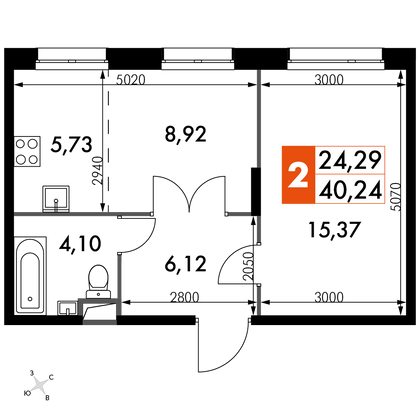 40,2 м², 2-комн. квартира, 8/15 этаж