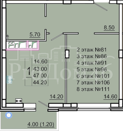 Продажа 1-комнатной квартиры 47 м², 7/8 этаж