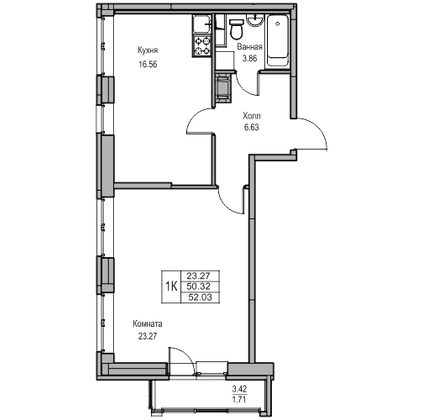 Продажа 1-комнатной квартиры 50,3 м², 13/23 этаж