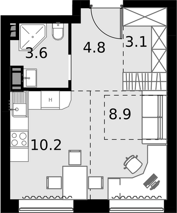 30,6 м², 1-комн. квартира, 6/28 этаж