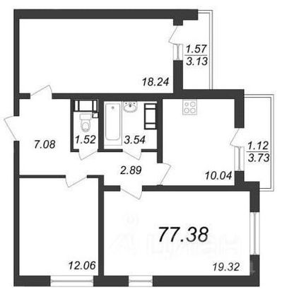 Продажа 3-комнатной квартиры 77,4 м², 13/25 этаж
