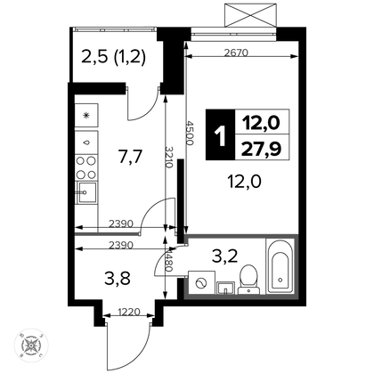 27,9 м², 1-комн. квартира, 7/14 этаж