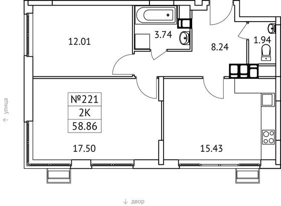 58,9 м², 2-комн. квартира, 17/17 этаж