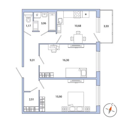 Продажа 2-комнатной квартиры 59,9 м², 2/7 этаж