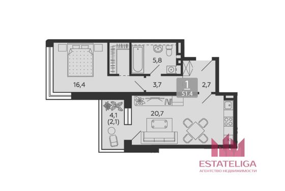 Продажа 1-комнатной квартиры 51 м², 20/28 этаж