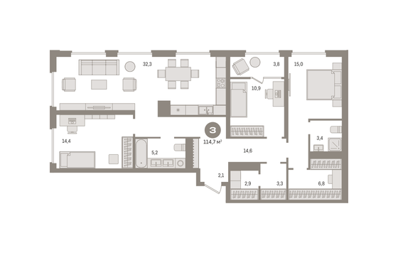 Продажа 3-комнатной квартиры 114,7 м², 6/14 этаж