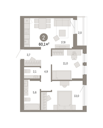 Продажа 2-комнатной квартиры 60,1 м², 9/9 этаж