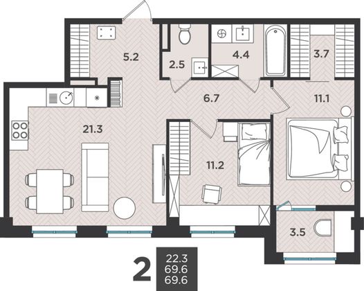 69,6 м², 3-комн. квартира, 2/9 этаж