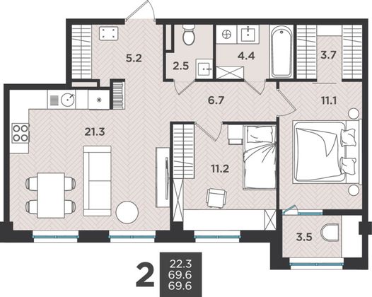 69,6 м², 3-комн. квартира, 4/9 этаж