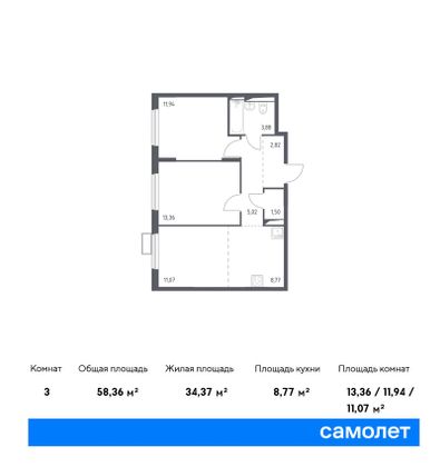 58,4 м², 2-комн. квартира, 10/14 этаж