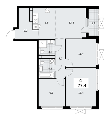 77,4 м², своб. планировка, 17/17 этаж