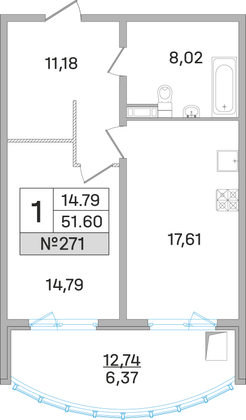 51,6 м², 1-комн. квартира, 15 этаж