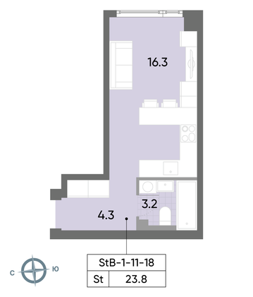 Продажа квартиры-студии 23,8 м², 16/52 этаж