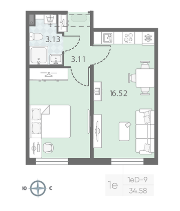 Продажа 1-комнатной квартиры 34,6 м², 2/23 этаж