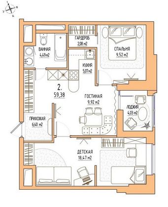 Продажа 2-комнатной квартиры 59,4 м², 8/17 этаж