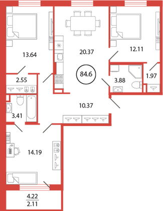 Продажа 3-комнатной квартиры 84,6 м², 2/12 этаж